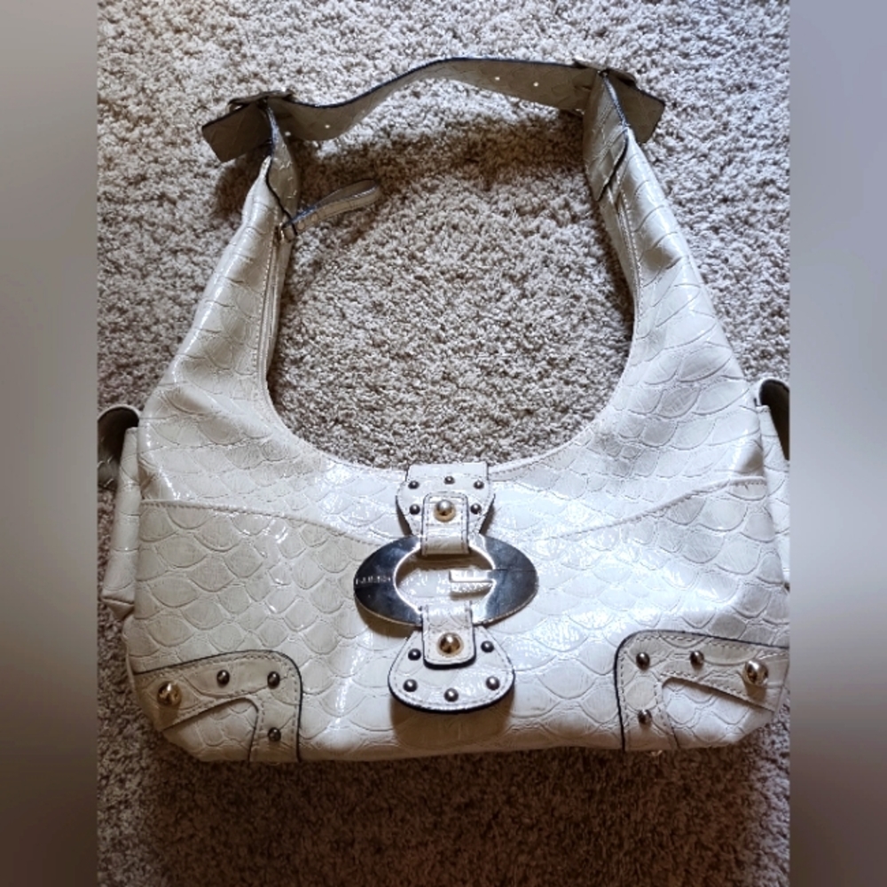 White Guess handbag with silver tone hardware 11"